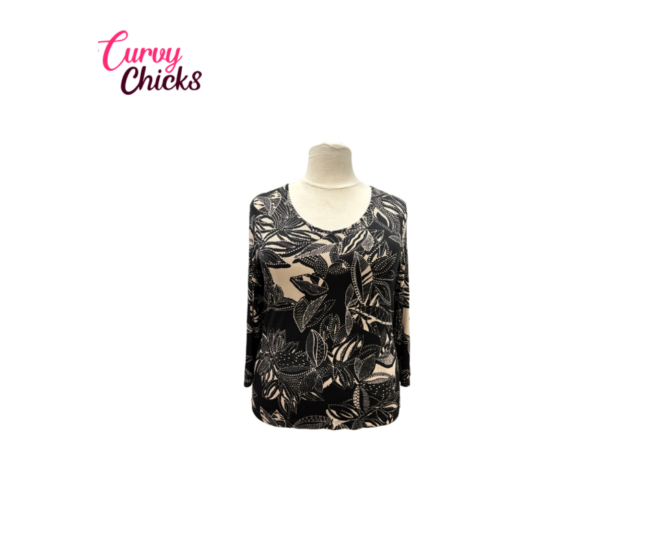 Tan & Black Leaf Print Top – Chico’s (Size 3)