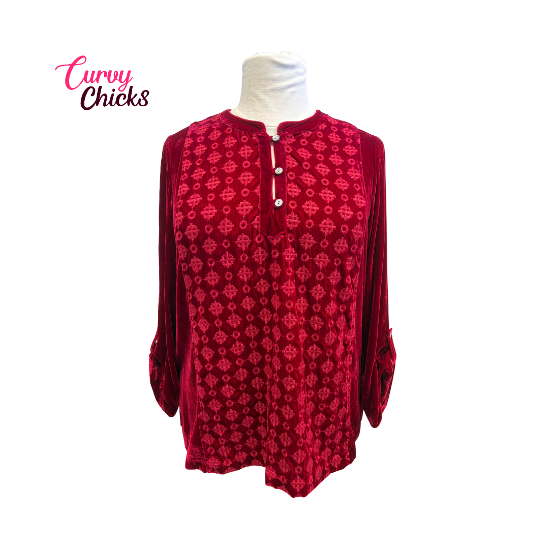 John Mark Red Velvet Embroidered Top