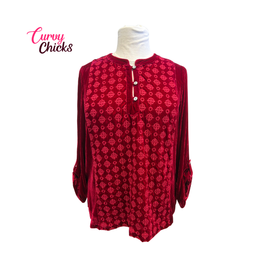 John Mark Red Velvet Embroidered Top