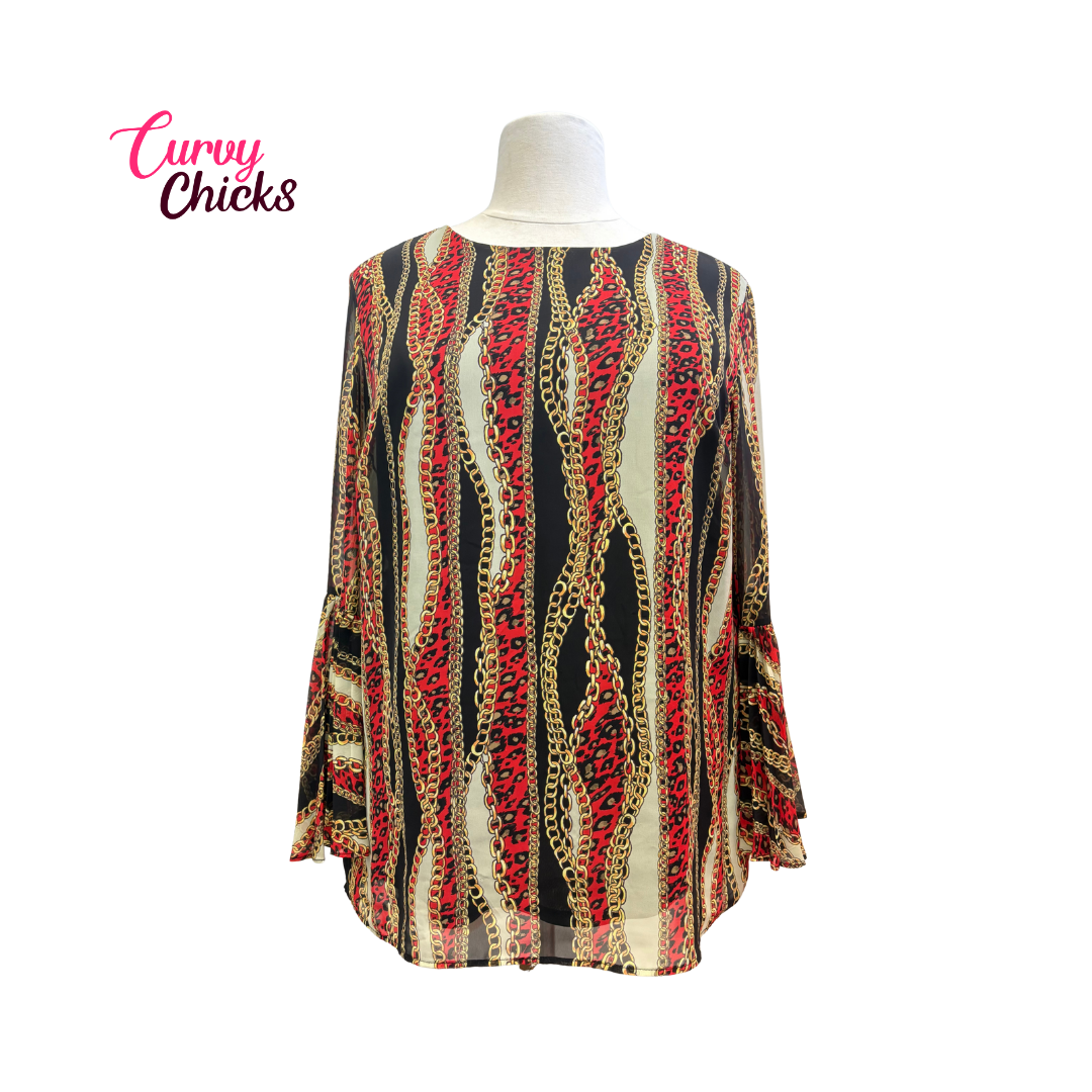 Nygård Multi-Patterned Red, Gold, Black, and White Blouse