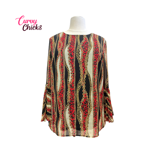 Nygård Multi-Patterned Red, Gold, Black, and White Blouse