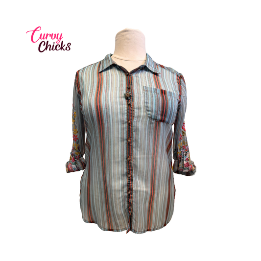 Aratta Sheer Multi-Color Floral Button Down Top