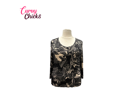 Tan & Black Leaf Print Top – Chico’s (Size 3)